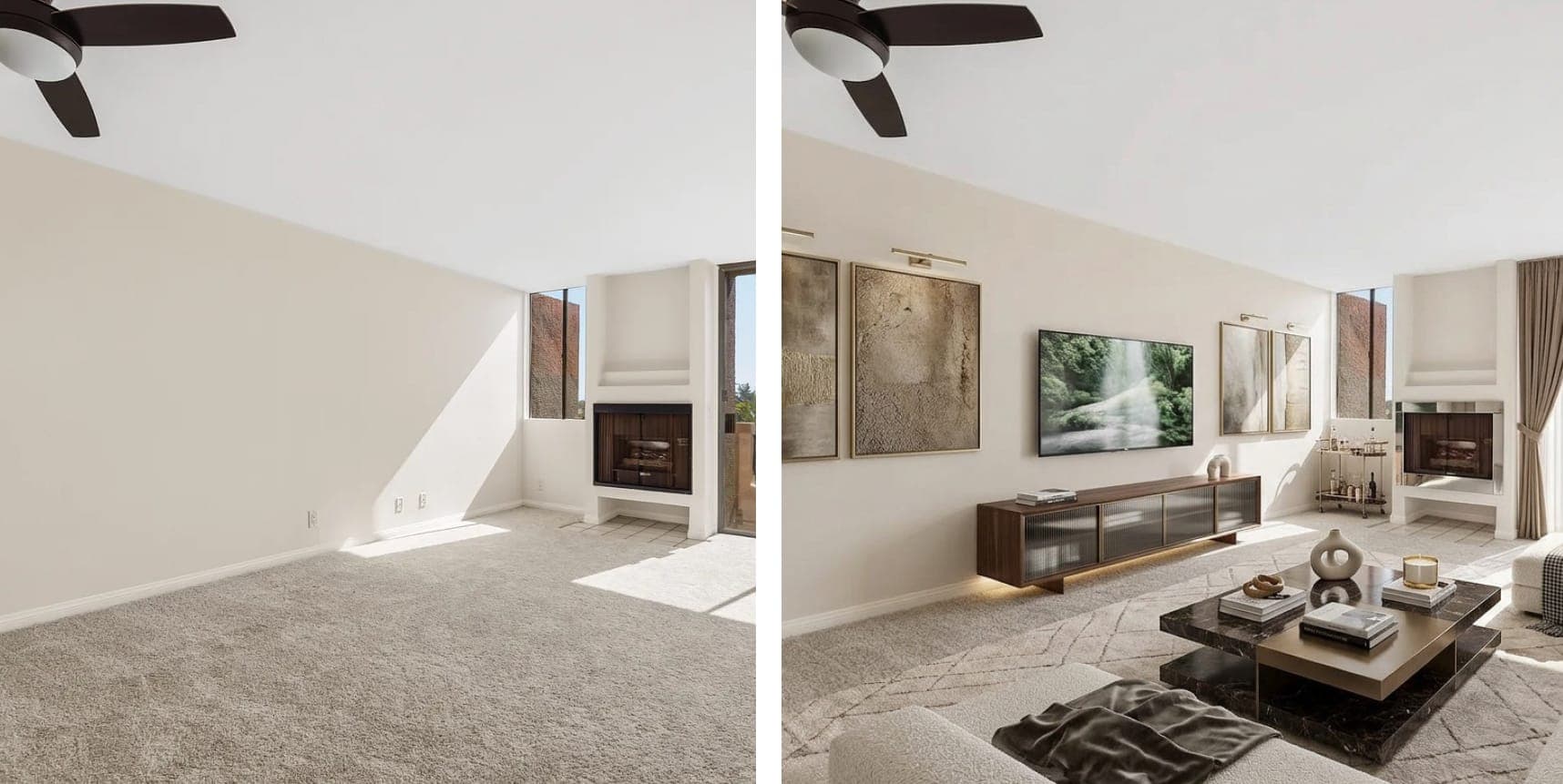 Empty living room before virtual staging. The same living room virtually staged with modern furniture