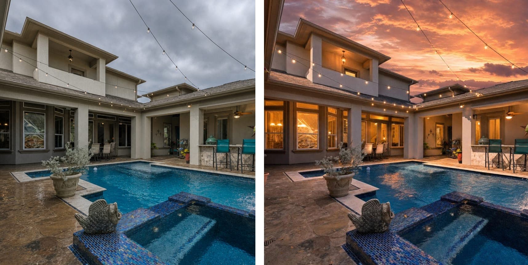 Property exterior photographed in flat daytime light. The same property at twilight with warm interior lights on