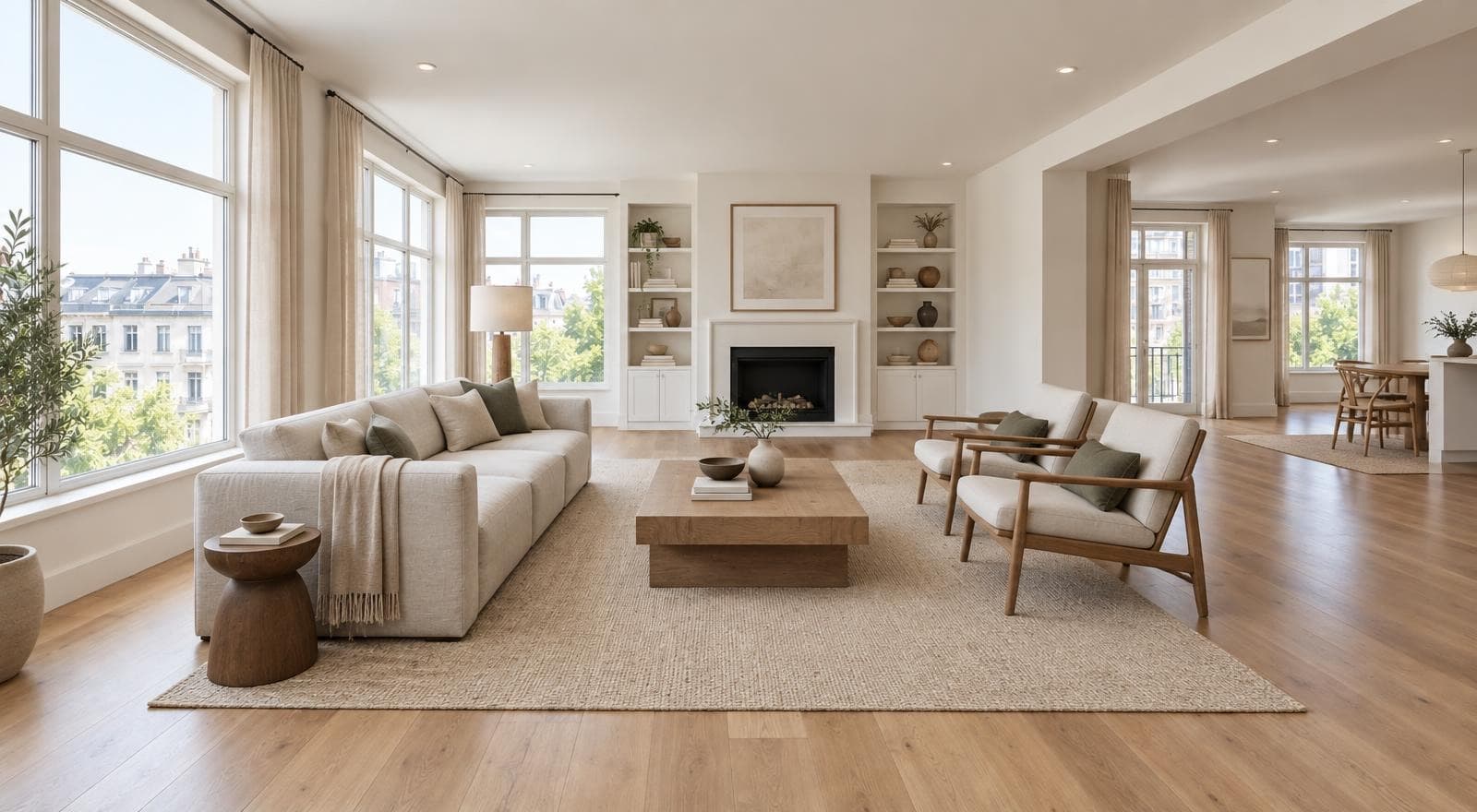 A living room staged in the Japandi style
