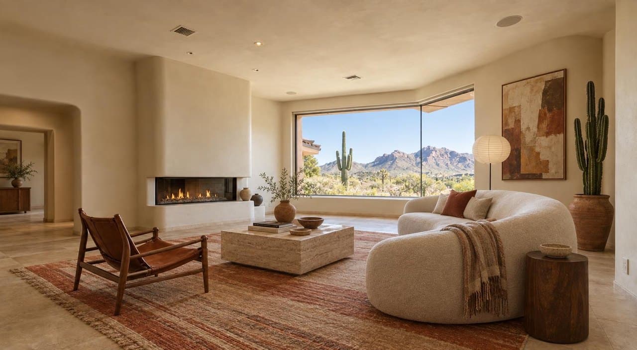 Stucco great room, Arizona, styled Desert Modern