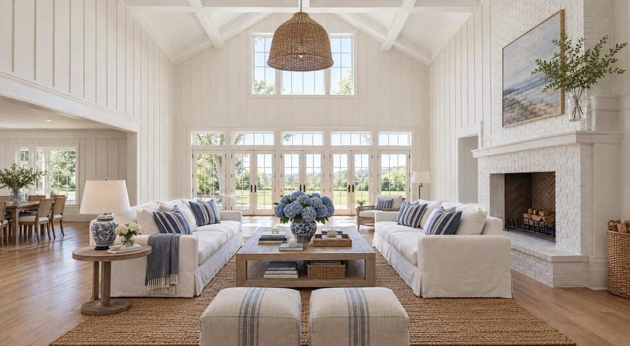 Shingle-style great room, New York, styled Hamptons